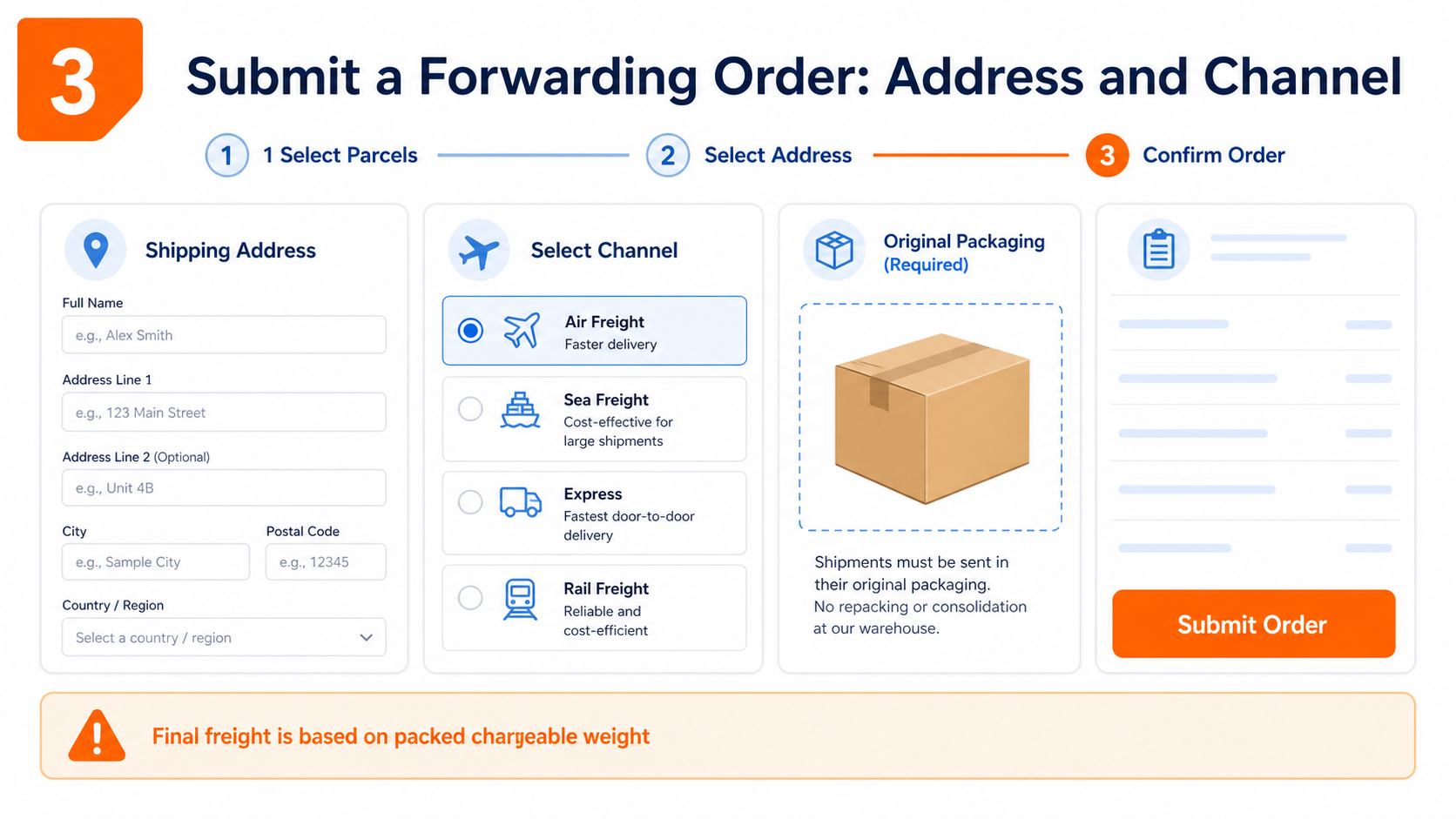 Submit a forwarding order and select address and channel