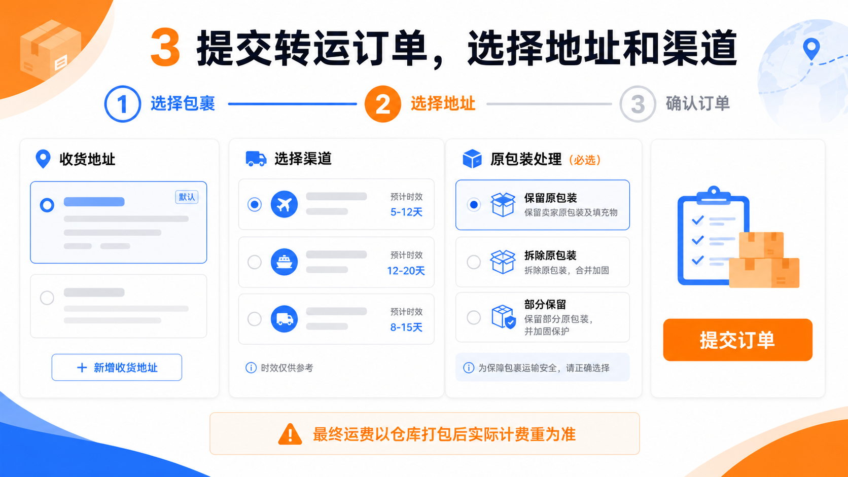提交转运订单并选择地址和渠道