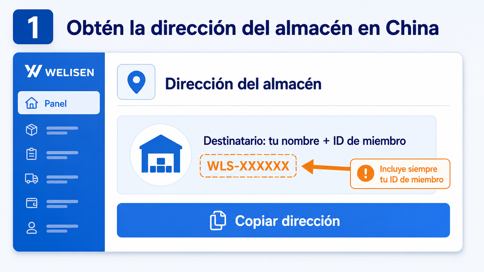Obtén la dirección del almacén en China y tu ID de miembro